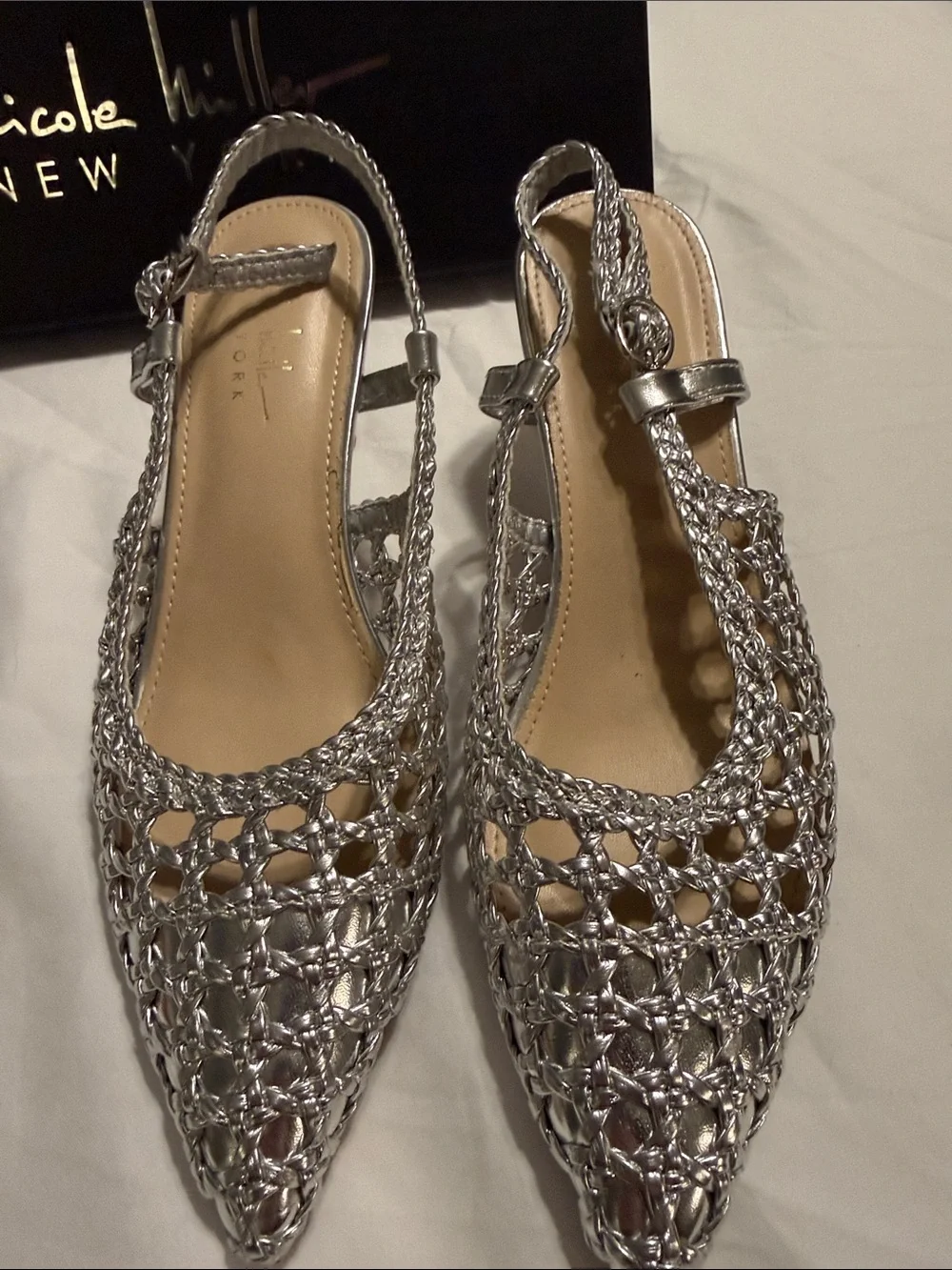 Nicole Miller Metallic Silver Woven Slingback Pointed Heels
